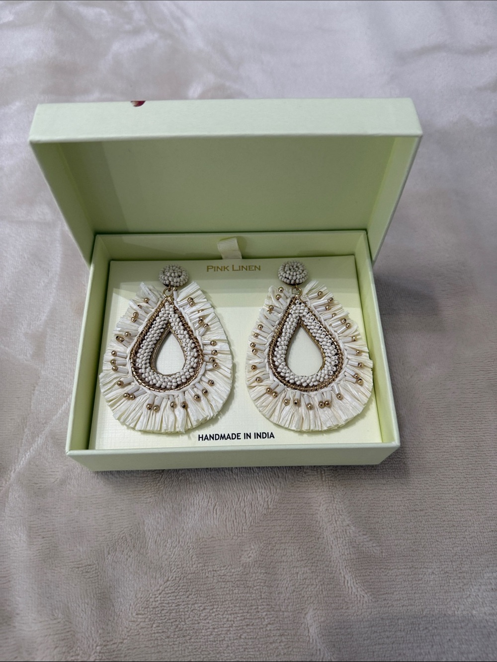 Pink Linen White Teardrop Fringe Earrings with Gold Accents